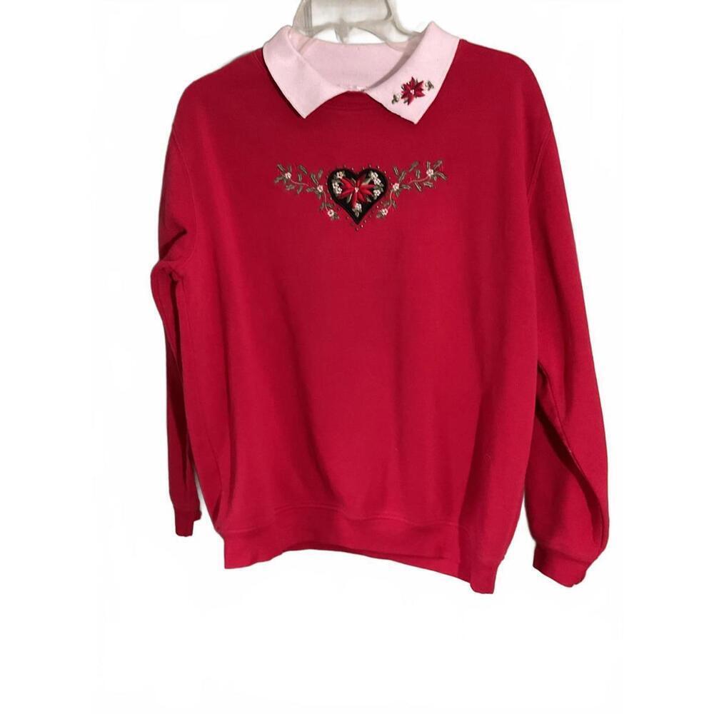 Hasting & Smith Vintage Charming Red Sweatshirt with Floral Embroidery Medium